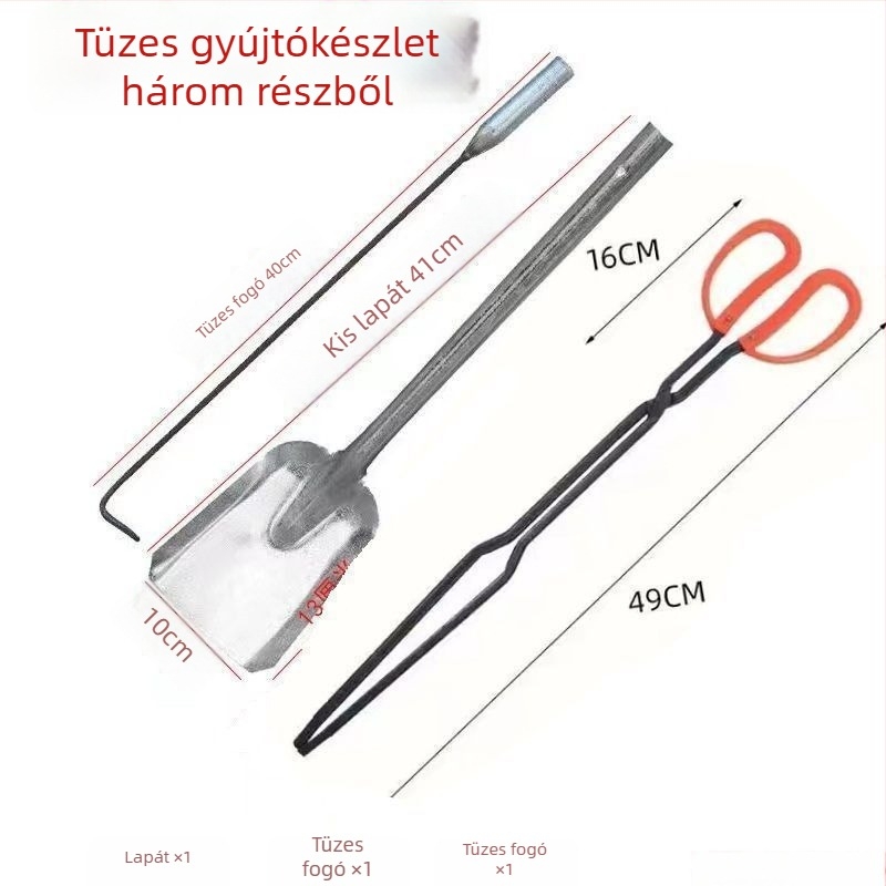 Háromrészes tűziszerszám-készlet grillezéshez: kampó, szénlapát és fogó; lágyacél