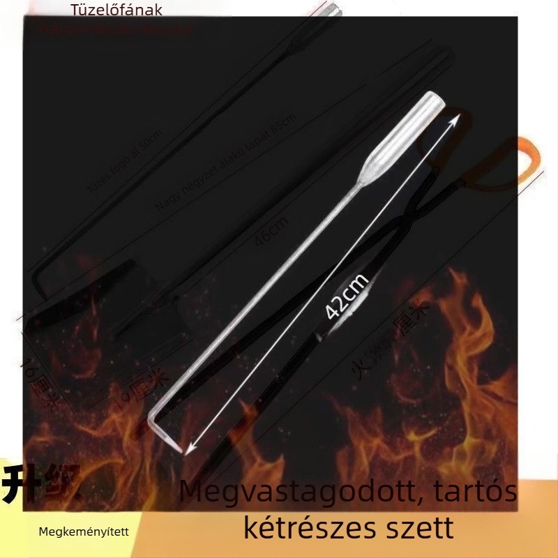 Háromrészes tűziszerszám-készlet grillezéshez: kampó, szénlapát és fogó; lágyacél