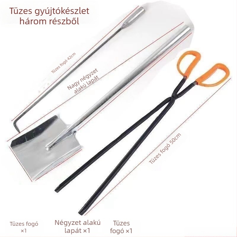 Háromrészes tűziszerszám-készlet grillezéshez: kampó, szénlapát és fogó; lágyacél