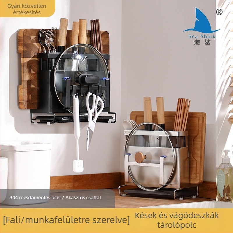 Rozsdamentes acélból készült konyhai kés-tartó és vágódeszka tartó, a pulton elhelyezhető, multifunkcionális, hordozható, szerelés nélkül