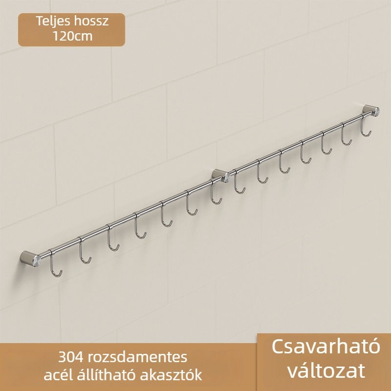 Rozsdamentes acél konyhai eszköztartó – falra szerelhető, csiszolt felület, egyetlen rúd