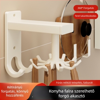 Alumínium falra szerelhető konyhai organizer forgó kanál- és spatula-tartóval; fúrás nélküli telepítés; egyszerű, modern dizájn a konyhai eszközök és vágódeszkák tárolásához.