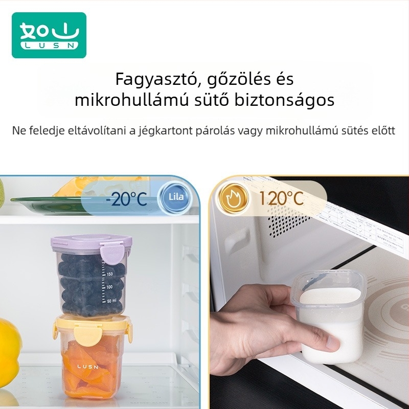 Babaélelmiszer-tároló doboz – négyzet alakú műanyag, mikrohullámú sütőbe tehető, frissesség megőrzése, kapacitás kevesebb mint 300 ml