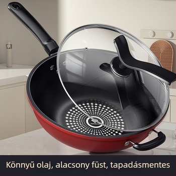 Wok tapadásmentes bevonattal, finom vasból, többrétegű alappal, rozsdamentes acél üvegfedéllel, indukciós tűzhely-kompatibilis