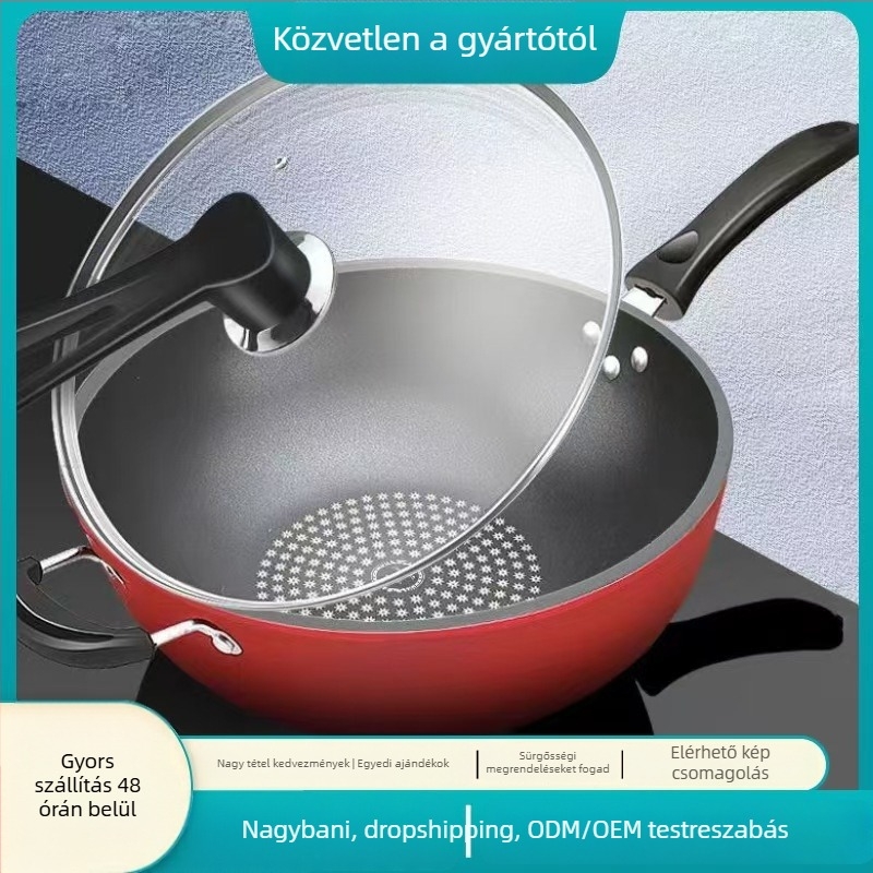 Wok tapadásmentes bevonattal, finom vasból, többrétegű alappal, rozsdamentes acél üvegfedéllel, indukciós tűzhely-kompatibilis