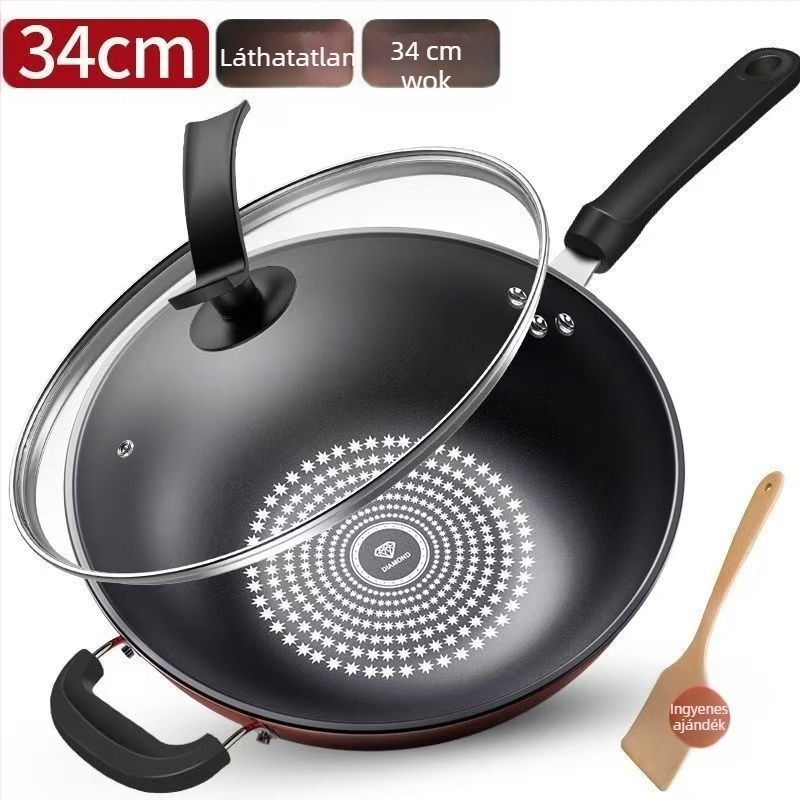 Wok tapadásmentes bevonattal, finom vasból, többrétegű alappal, rozsdamentes acél üvegfedéllel, indukciós tűzhely-kompatibilis