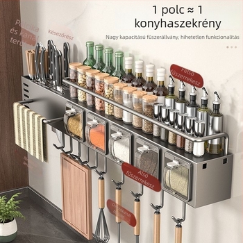 Rozsdamentes acél konyhai falra szerelhető három az egyben polc: kés tartó, fűszertartó és evőpálcák tárolója