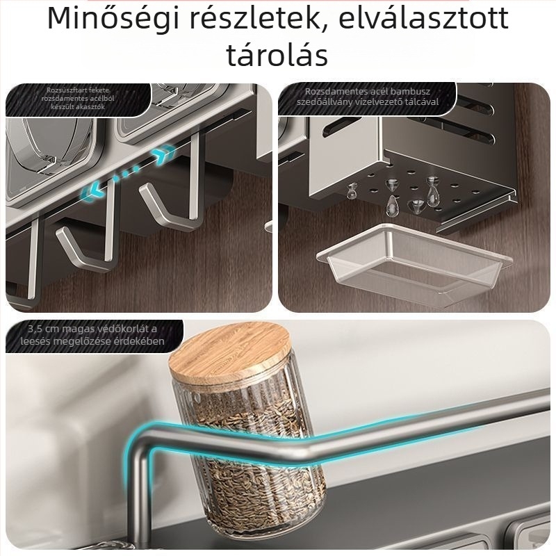 Rozsdamentes acél konyhai falra szerelhető három az egyben polc: kés tartó, fűszertartó és evőpálcák tárolója