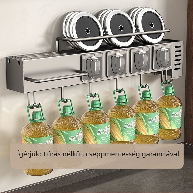 Rozsdamentes acél konyhai falra szerelhető három az egyben polc: kés tartó, fűszertartó és evőpálcák tárolója