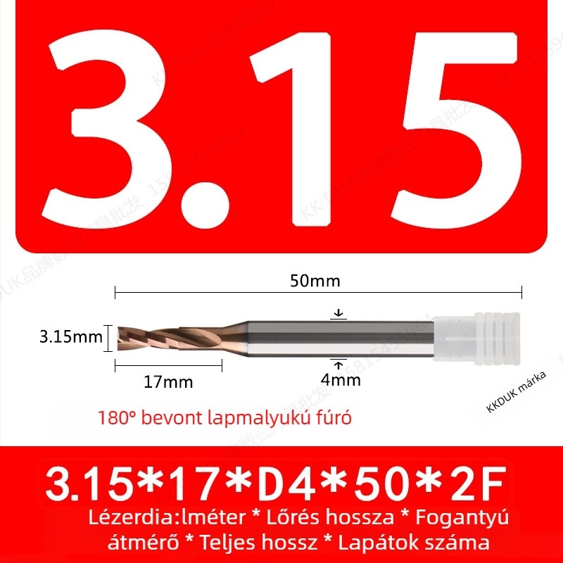 Wolfram acélból készült, keményfém bevonattal ellátott lapos aljú fúró, 180° geometriával
