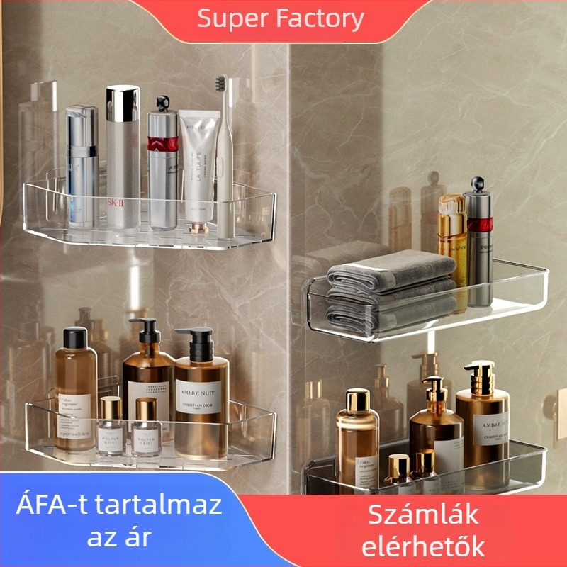 Fali sarkú polc a fürdőszobának, fúrás nélkül, PET anyag, 1 réteg, vízálló, 10–15 kg teherbírás