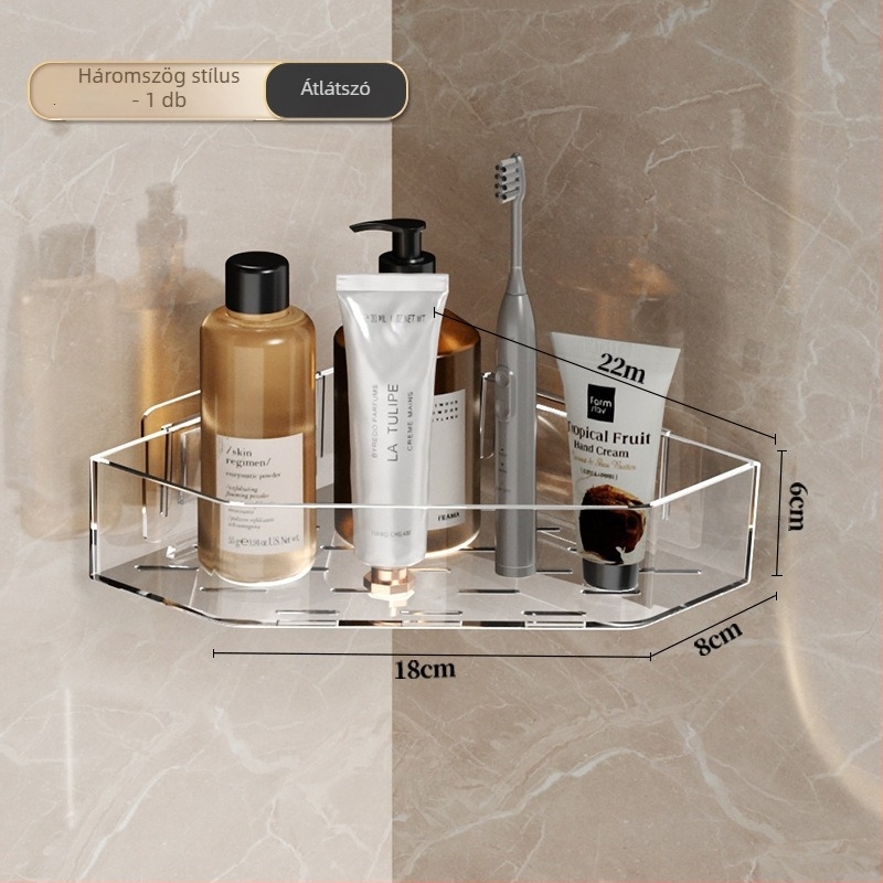 Fali sarkú polc a fürdőszobának, fúrás nélkül, PET anyag, 1 réteg, vízálló, 10–15 kg teherbírás