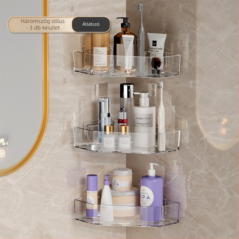 Fali sarkú polc a fürdőszobának, fúrás nélkül, PET anyag, 1 réteg, vízálló, 10–15 kg teherbírás