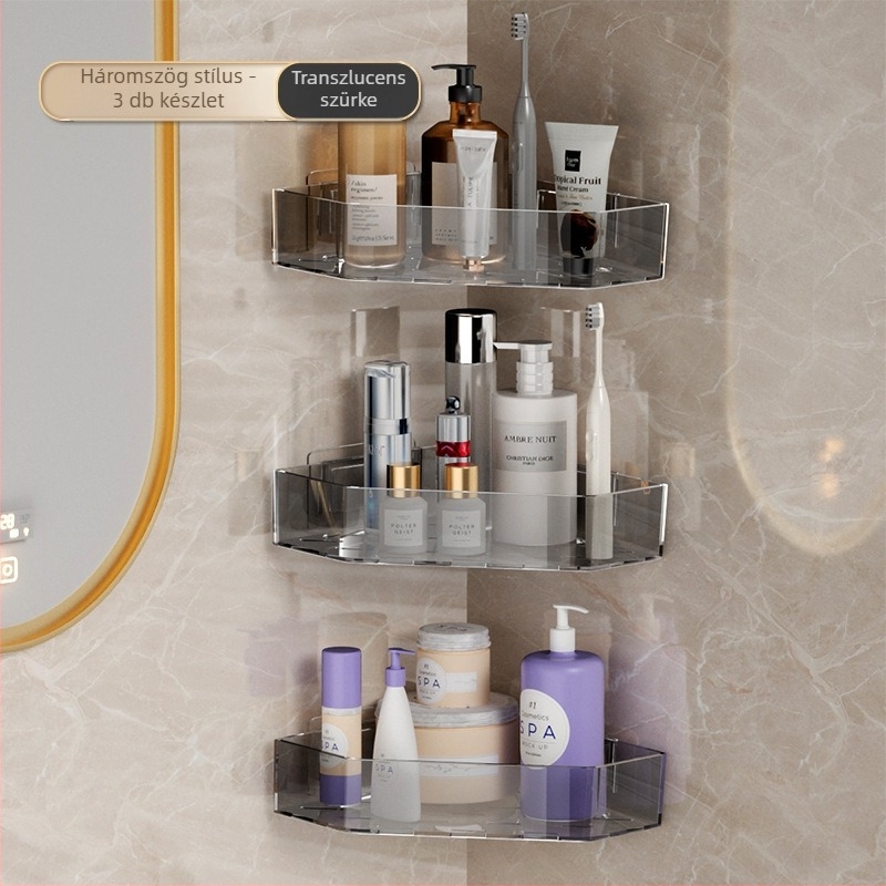 Fali sarkú polc a fürdőszobának, fúrás nélkül, PET anyag, 1 réteg, vízálló, 10–15 kg teherbírás