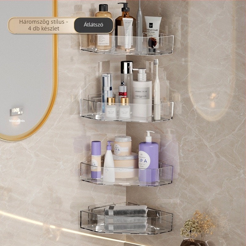 Fali sarkú polc a fürdőszobának, fúrás nélkül, PET anyag, 1 réteg, vízálló, 10–15 kg teherbírás