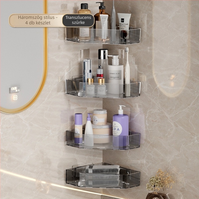 Fali sarkú polc a fürdőszobának, fúrás nélkül, PET anyag, 1 réteg, vízálló, 10–15 kg teherbírás