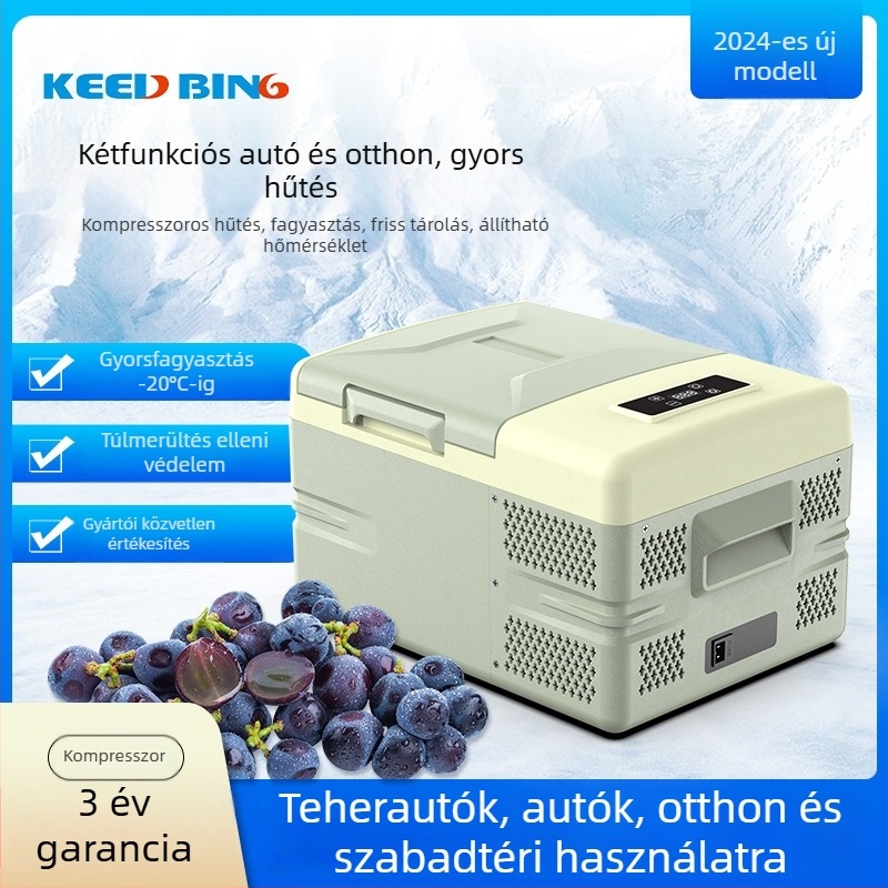 Kompreszoros hűtő járművekhez és otthonra — kompakt hűtő, 12/24/220V, 45W, -20°C-tól 20°C-ig, tömeg 8,5–8,8 kg