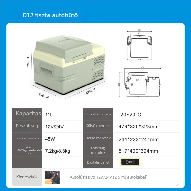 Kompreszoros hűtő járművekhez és otthonra — kompakt hűtő, 12/24/220V, 45W, -20°C-tól 20°C-ig, tömeg 8,5–8,8 kg
