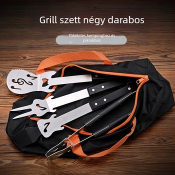 Kempinges BBQ-eszközök készlet – csipesz, villa és lapát; anyag: rozsdamentes acél és fa; stílus: modern minimál.