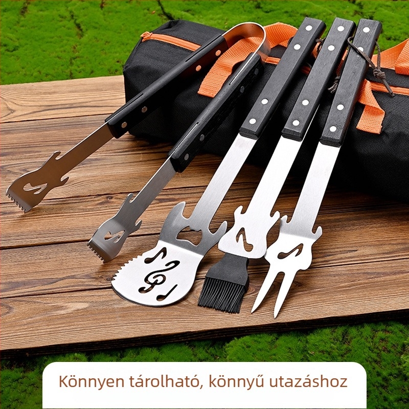 Kempinges BBQ-eszközök készlet – csipesz, villa és lapát; anyag: rozsdamentes acél és fa; stílus: modern minimál.