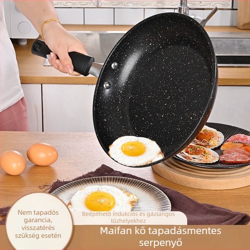 Maifan kő lapos aljú tapadásmentes serpenyő üvegfedővel, karbonacélból készült, indukciós tűzhelyhez kompatibilis