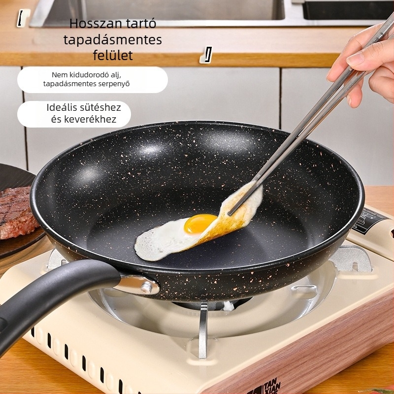 Maifan kő lapos aljú tapadásmentes serpenyő üvegfedővel, karbonacélból készült, indukciós tűzhelyhez kompatibilis