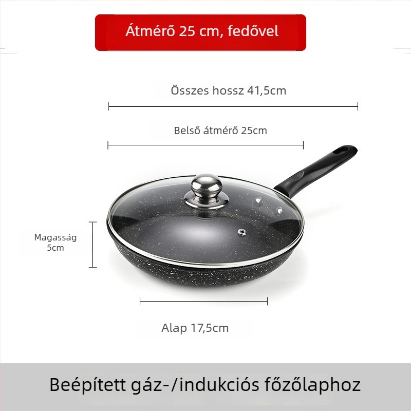 Maifan kő lapos aljú tapadásmentes serpenyő üvegfedővel, karbonacélból készült, indukciós tűzhelyhez kompatibilis