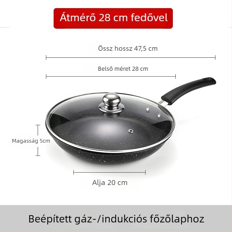 Maifan kő lapos aljú tapadásmentes serpenyő üvegfedővel, karbonacélból készült, indukciós tűzhelyhez kompatibilis