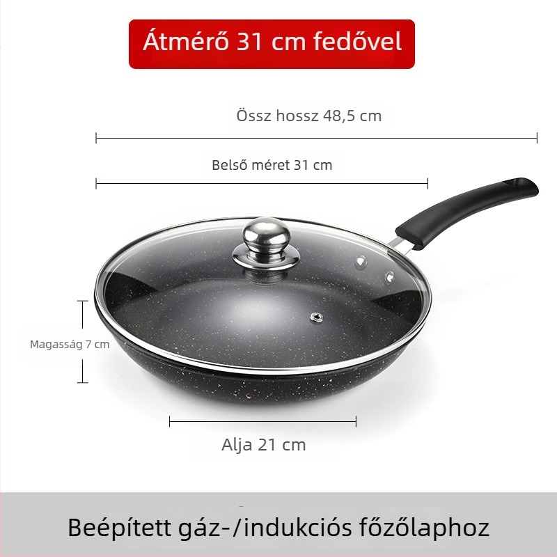 Maifan kő lapos aljú tapadásmentes serpenyő üvegfedővel, karbonacélból készült, indukciós tűzhelyhez kompatibilis