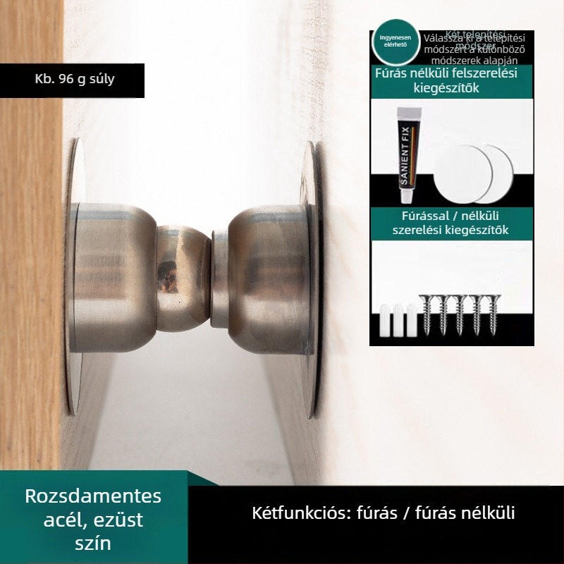 Rozsdamentes acél ajtómegállító, fúrás nélkül, erős mágneses vonzás, falra szerelhető, felület: kefésített és elektrogalvanizált