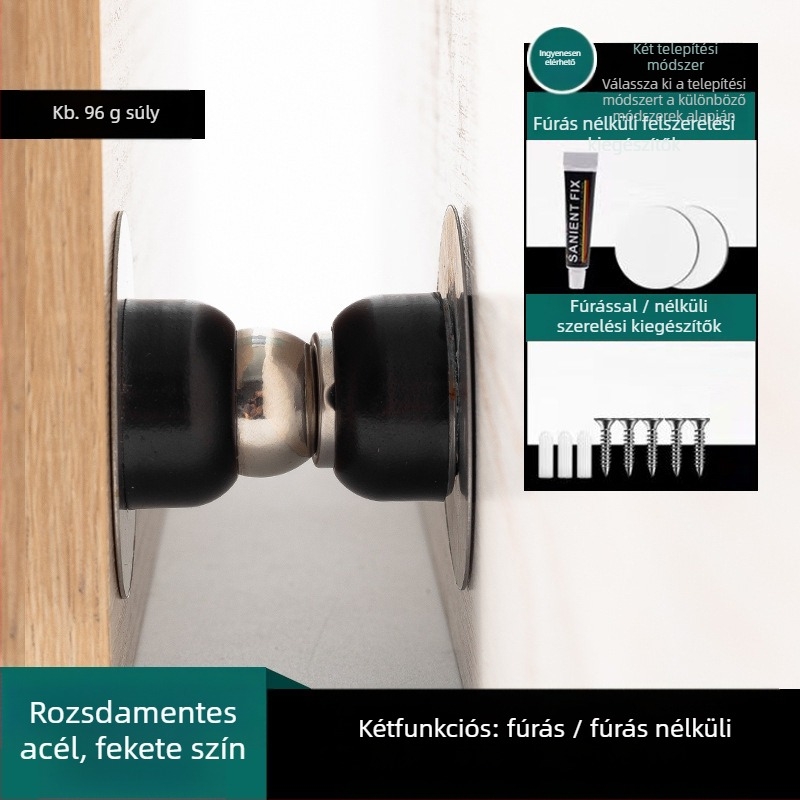 Rozsdamentes acél ajtómegállító, fúrás nélkül, erős mágneses vonzás, falra szerelhető, felület: kefésített és elektrogalvanizált
