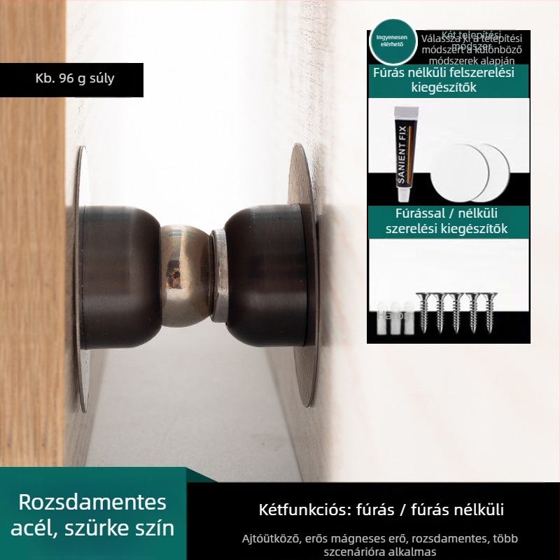 Rozsdamentes acél ajtómegállító, fúrás nélkül, erős mágneses vonzás, falra szerelhető, felület: kefésített és elektrogalvanizált