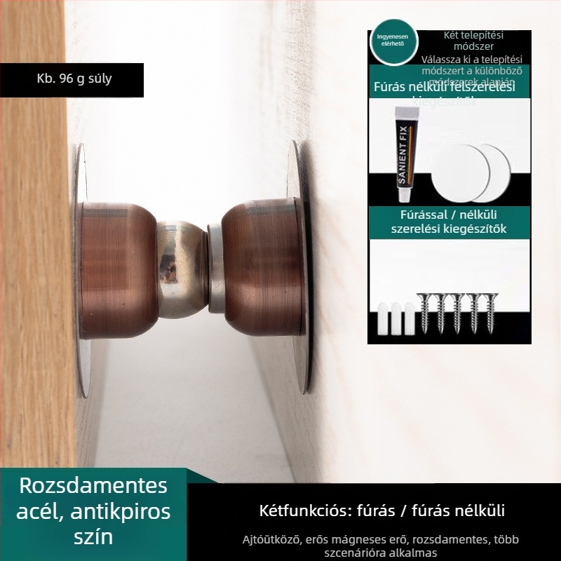 Rozsdamentes acél ajtómegállító, fúrás nélkül, erős mágneses vonzás, falra szerelhető, felület: kefésített és elektrogalvanizált