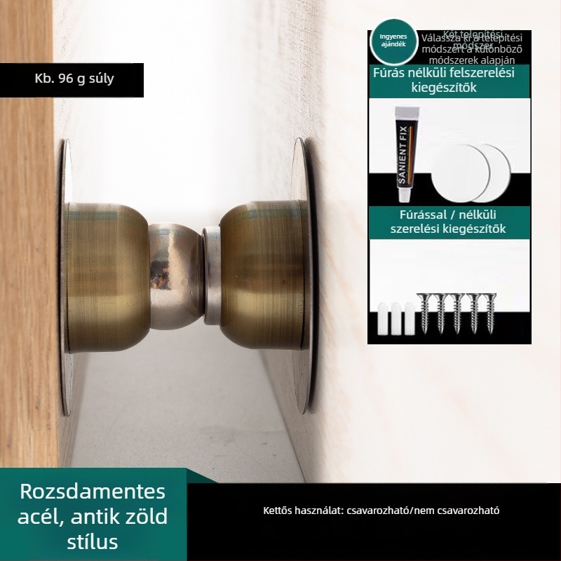 Rozsdamentes acél ajtómegállító, fúrás nélkül, erős mágneses vonzás, falra szerelhető, felület: kefésített és elektrogalvanizált