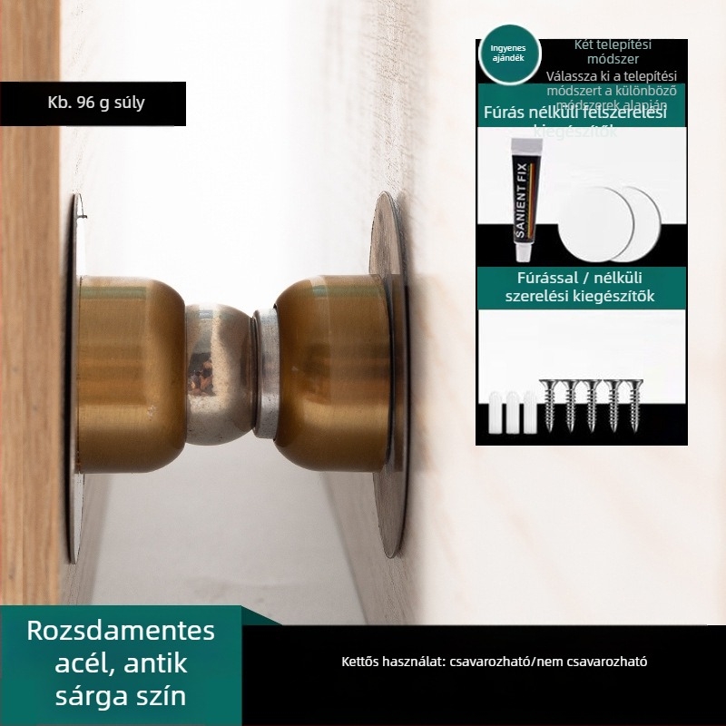 Rozsdamentes acél ajtómegállító, fúrás nélkül, erős mágneses vonzás, falra szerelhető, felület: kefésített és elektrogalvanizált