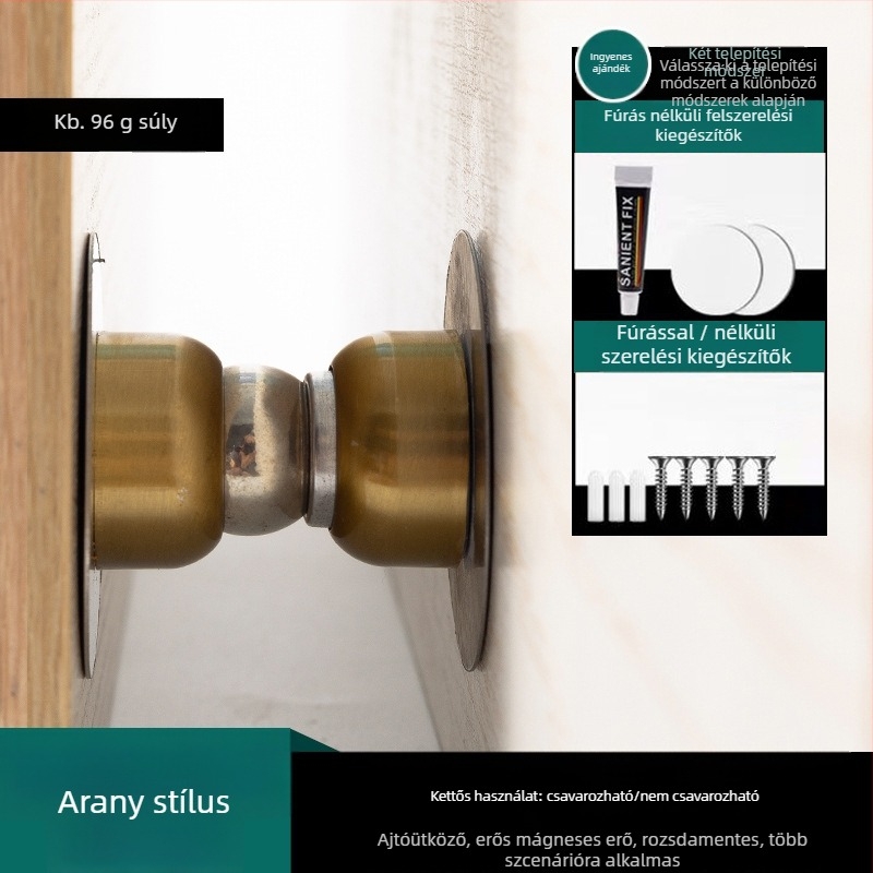 Rozsdamentes acél ajtómegállító, fúrás nélkül, erős mágneses vonzás, falra szerelhető, felület: kefésített és elektrogalvanizált