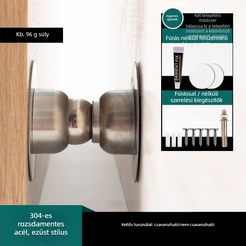 Rozsdamentes acél ajtómegállító, fúrás nélkül, erős mágneses vonzás, falra szerelhető, felület: kefésített és elektrogalvanizált