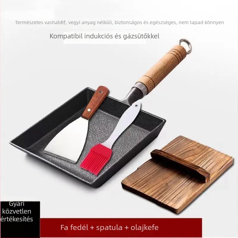 Öntöttvas Tamagoyaki serpenyő, japán stílusú, négyszögletes, fa fedővel, gáztűzhelyhez és indukciós főzőlaphoz alkalmas