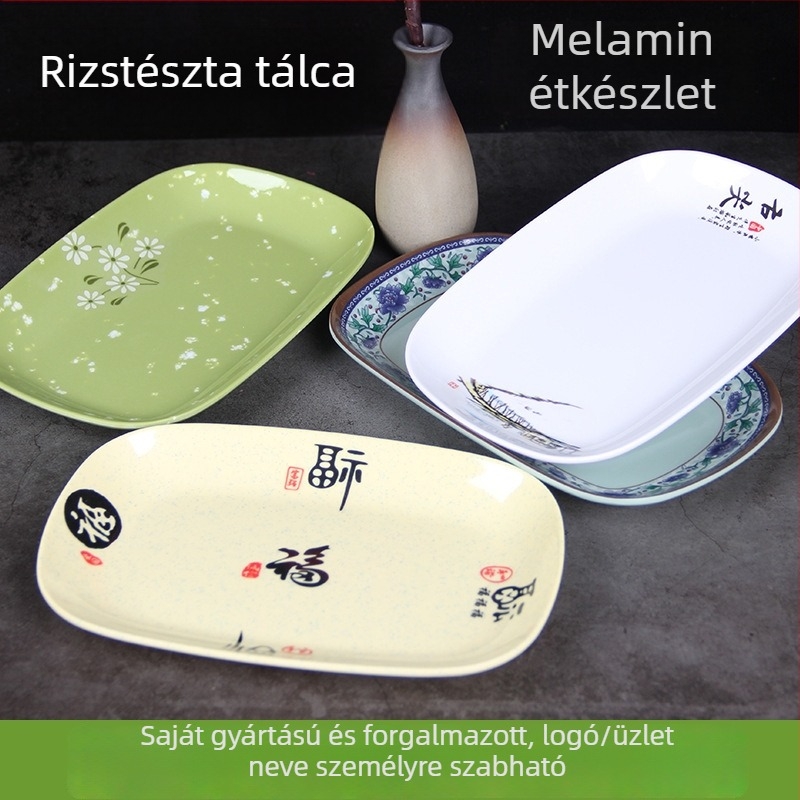 Melaminból készült négyszögletes szolgáló tál, glazúrozott felülettel, több mintázattal, ideális szállodák és vendéglátóhelyek számára