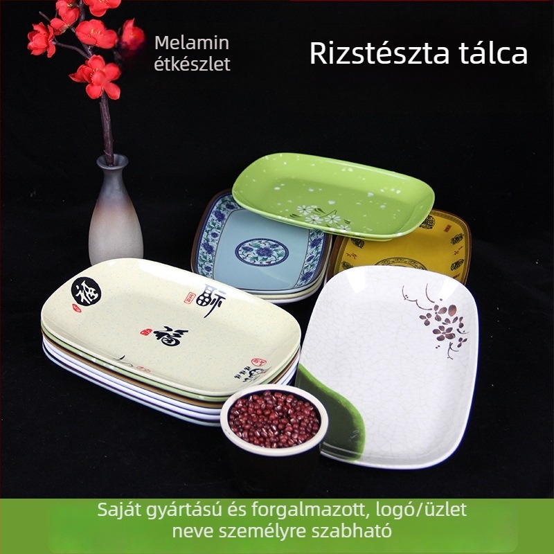 Melaminból készült négyszögletes szolgáló tál, glazúrozott felülettel, több mintázattal, ideális szállodák és vendéglátóhelyek számára