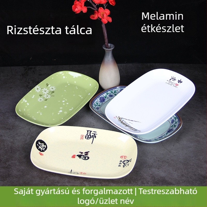 Melaminból készült négyszögletes szolgáló tál, glazúrozott felülettel, több mintázattal, ideális szállodák és vendéglátóhelyek számára