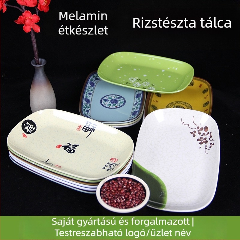Melaminból készült négyszögletes szolgáló tál, glazúrozott felülettel, több mintázattal, ideális szállodák és vendéglátóhelyek számára