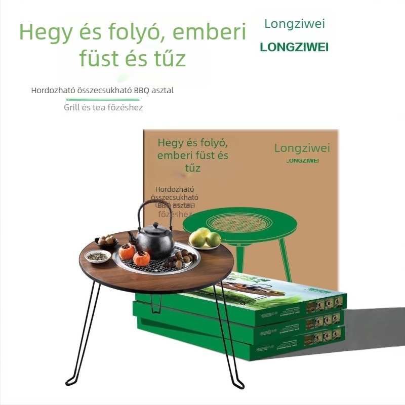 Szabadban használható kör alakú barbecueasztal, hordozható összecsukható grill, rozsdamentes acél, 4 kg, többfunkciós, nem elektromos