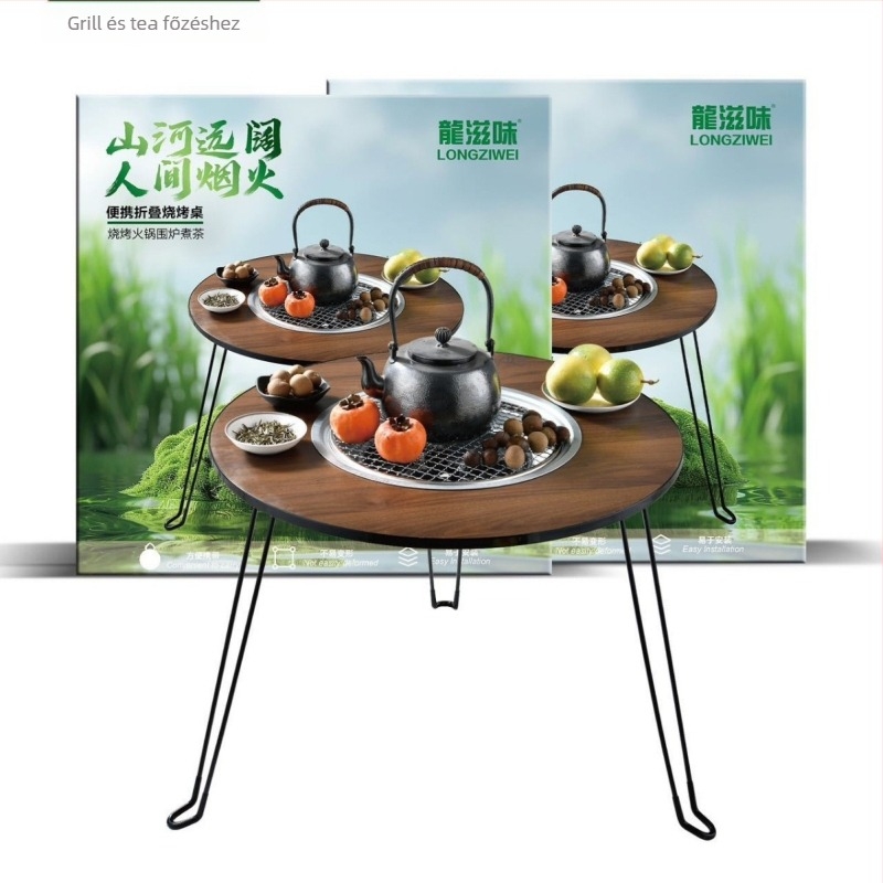 Szabadban használható kör alakú barbecueasztal, hordozható összecsukható grill, rozsdamentes acél, 4 kg, többfunkciós, nem elektromos