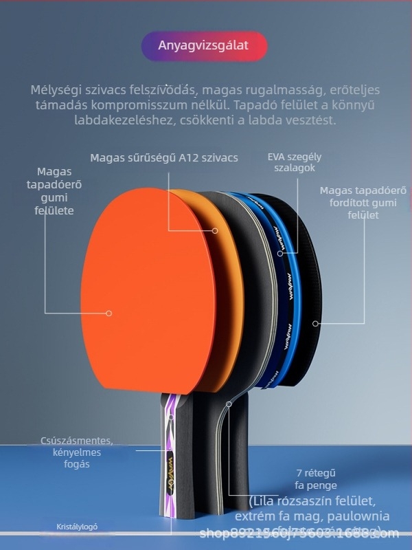WAVAW asztaliteniszütő, nyárfa penge, anti-adhéziós gumi, kettős ütő hosszú és rövid nyéllel, logó nyomtatás elérhető