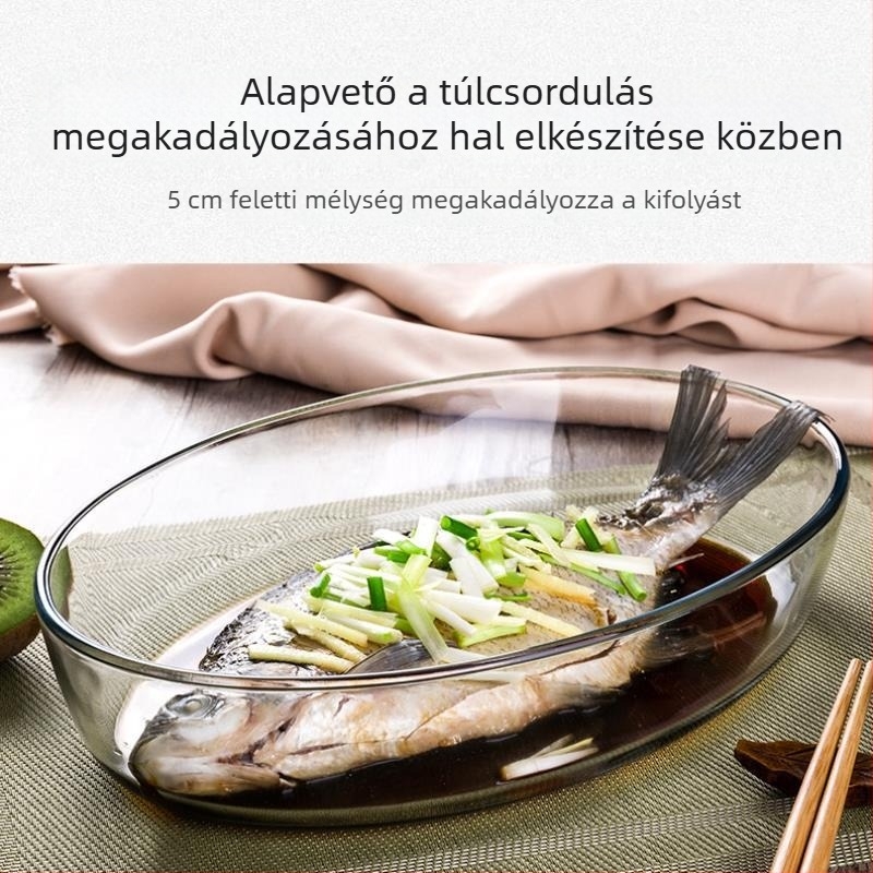 Üvegből készült halas tál gőzöléshez, átlátszó ovális forma, hőálló, logónyomás és testreszabás elérhető, mikrohullámú sütőben nem használható