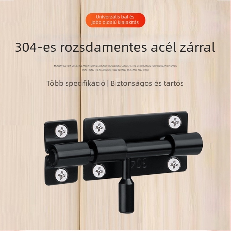 F-típusú retesz ajtózár, 304 rozsdamentes acélból, brushed felület, stílus Style latch, bal-jobb szerelhető fa ajtókhoz