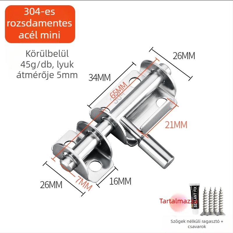 F-típusú retesz ajtózár, 304 rozsdamentes acélból, brushed felület, stílus Style latch, bal-jobb szerelhető fa ajtókhoz