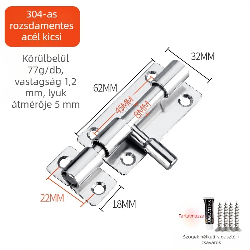 F-típusú retesz ajtózár, 304 rozsdamentes acélból, brushed felület, stílus Style latch, bal-jobb szerelhető fa ajtókhoz