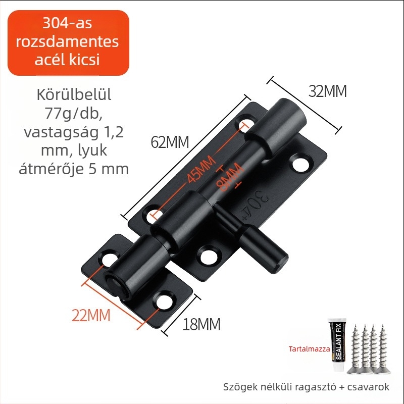 F-típusú retesz ajtózár, 304 rozsdamentes acélból, brushed felület, stílus Style latch, bal-jobb szerelhető fa ajtókhoz